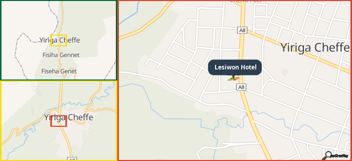 Map showing the address of Lesiwon Hotel in three different zoom levels.