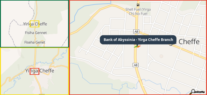 Map showing the address of Bank of Abyssinia - Yirga Cheffe Branch in three different zoom levels.