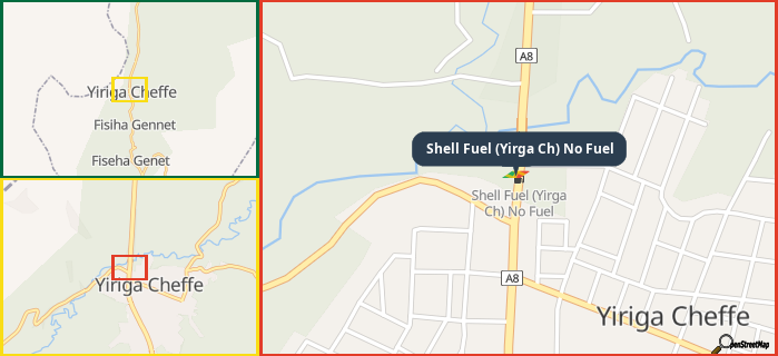 Map showing the address of Shell Fuel (Yirga Ch) No Fuel in three different zoom levels.