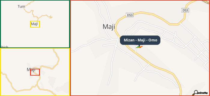 Map showing the address of Mizan - Maji - Omo in three different zoom levels.