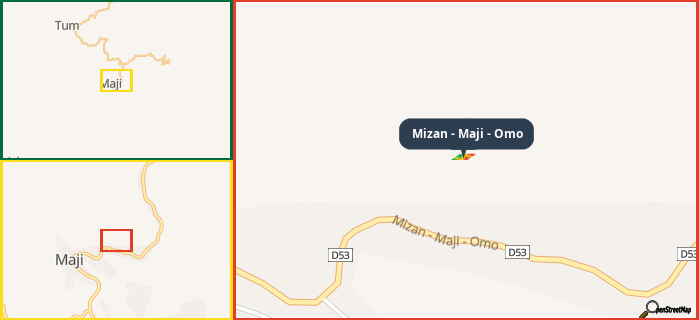 Map showing the address of Mizan - Maji - Omo in three different zoom levels.