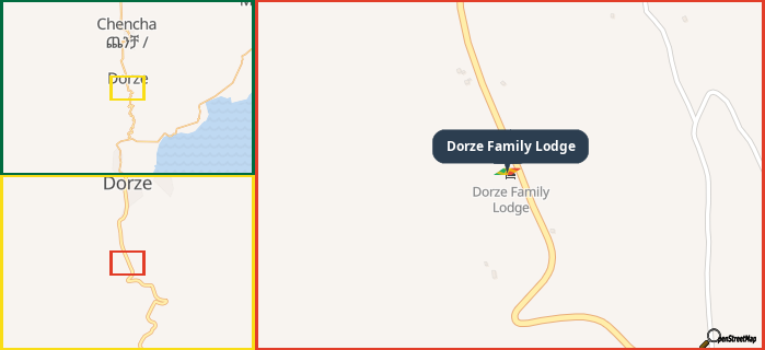 Map showing the address of Dorze Family Lodge in three different zoom levels.