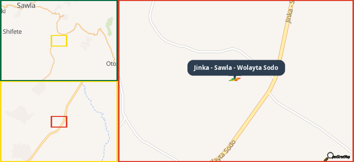 Map showing the address of Jinka - Sawla - Wolayta Sodo in three different zoom levels.