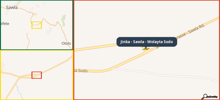 Map showing the address of Jinka - Sawla - Wolayta Sodo in three different zoom levels.