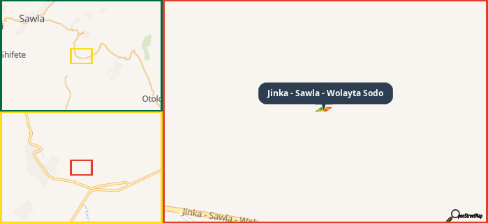 Map showing the address of Jinka - Sawla - Wolayta Sodo in three different zoom levels.