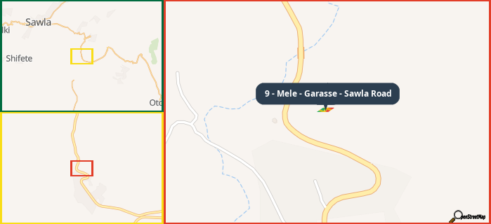 Map showing the address of 9 - Mele - Garasse - Sawla Road in three different zoom levels.