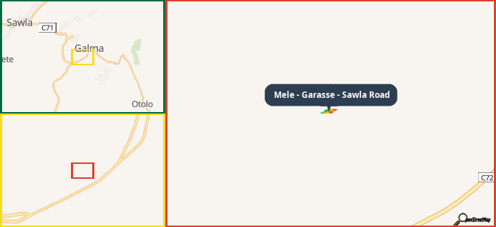 Map showing the address of Mele - Garasse - Sawla Road in three different zoom levels.