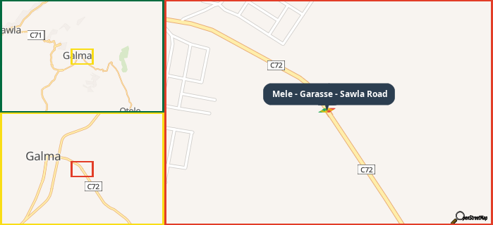 Map showing the address of Mele - Garasse - Sawla Road in three different zoom levels.