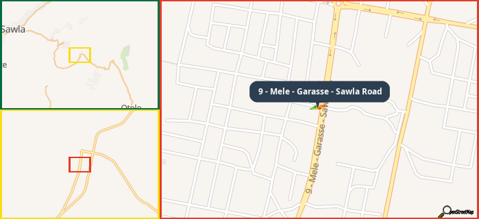 Map showing the address of 9 - Mele - Garasse - Sawla Road in three different zoom levels.