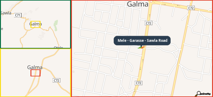Map showing the address of Mele - Garasse - Sawla Road in three different zoom levels.