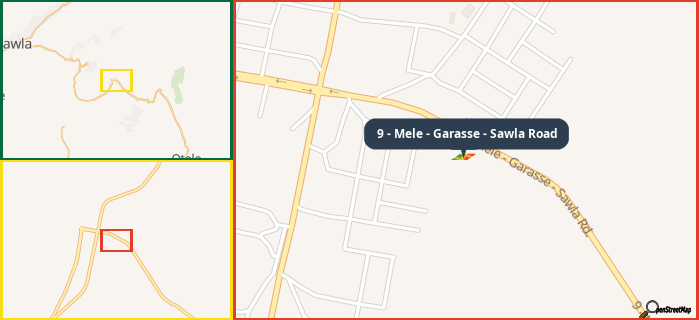 Map showing the address of 9 - Mele - Garasse - Sawla Road in three different zoom levels.