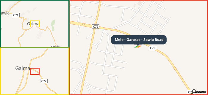 Map showing the address of Mele - Garasse - Sawla Road in three different zoom levels.