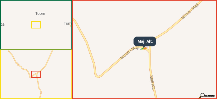 Map showing the address of Maji Alt. in three different zoom levels.