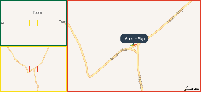 Map showing the address of Mizan - Maji in three different zoom levels.