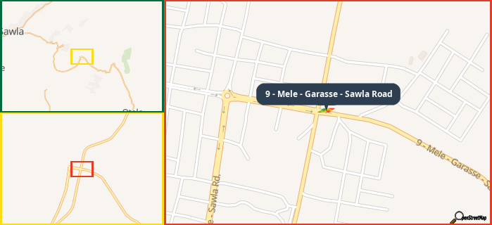 Map showing the address of 9 - Mele - Garasse - Sawla Road in three different zoom levels.