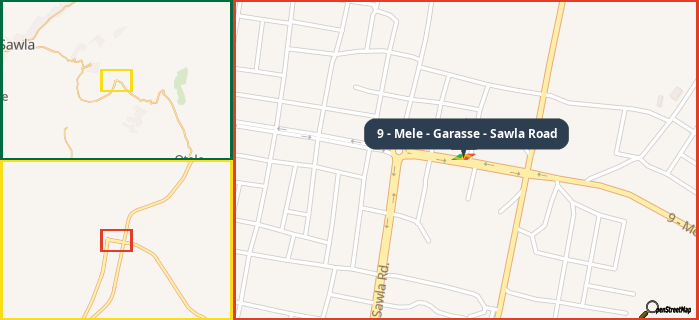 Map showing the address of 9 - Mele - Garasse - Sawla Road in three different zoom levels.