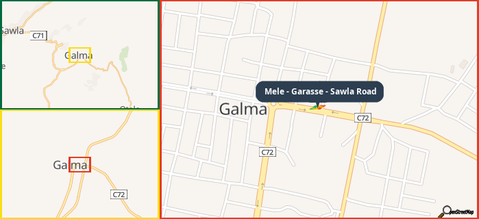 Map showing the address of Mele - Garasse - Sawla Road in three different zoom levels.