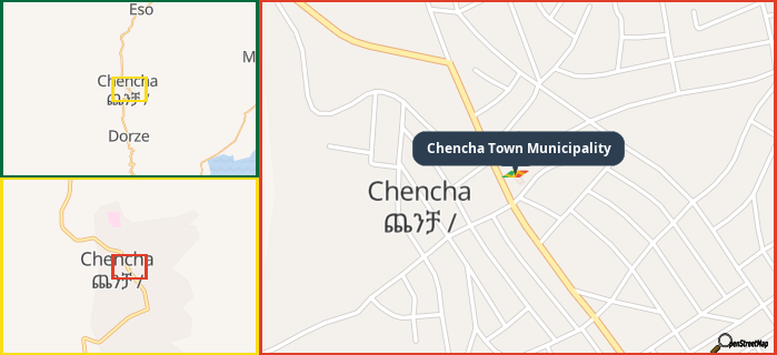 Map showing the address of Chencha Town Municipality in three different zoom levels.