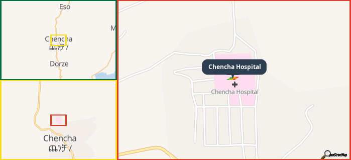 Map showing the address of Chencha Hospital in three different zoom levels.
