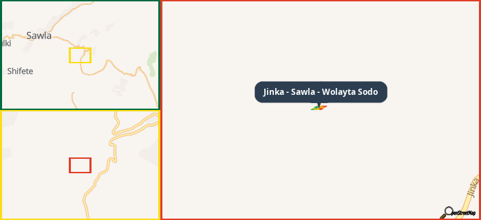 Map showing the address of Jinka - Sawla - Wolayta Sodo in three different zoom levels.