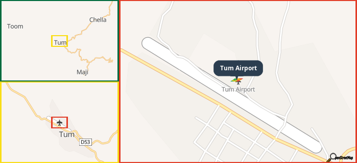 Map showing the address of Tum Airport in three different zoom levels.