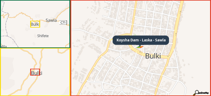 Map showing the address of Koysha Dam - Laska - Sawla in three different zoom levels.