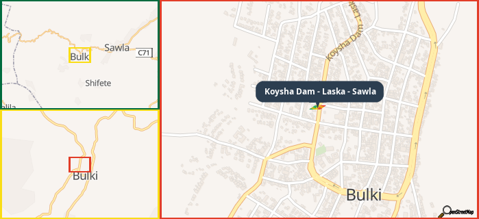 Map showing the address of Koysha Dam - Laska - Sawla in three different zoom levels.