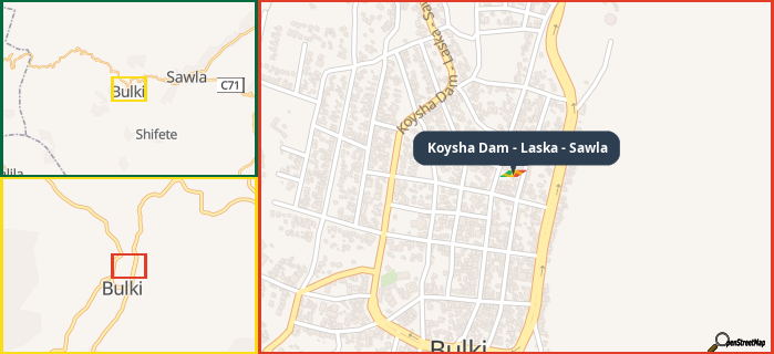 Map showing the address of Koysha Dam - Laska - Sawla in three different zoom levels.