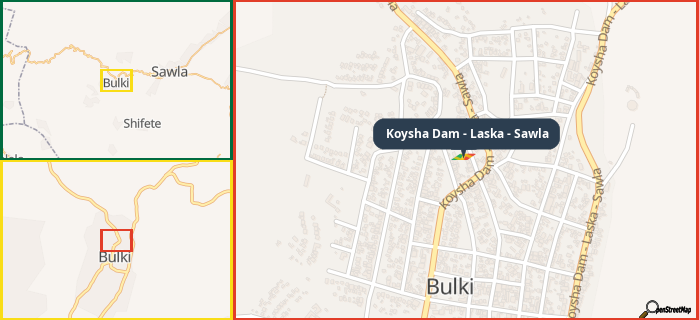 Map showing the address of Koysha Dam - Laska - Sawla in three different zoom levels.