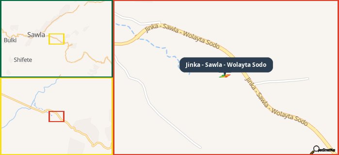 Map showing the address of Jinka - Sawla - Wolayta Sodo in three different zoom levels.