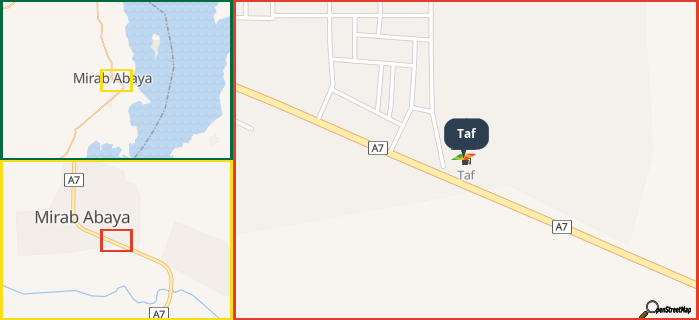 Map showing the address of Taf in three different zoom levels.