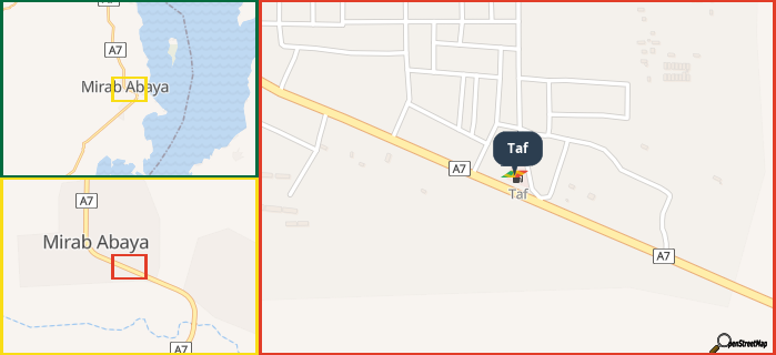 Map showing the address of Taf in three different zoom levels.