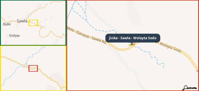 Map showing the address of Jinka - Sawla - Wolayta Sodo in three different zoom levels.