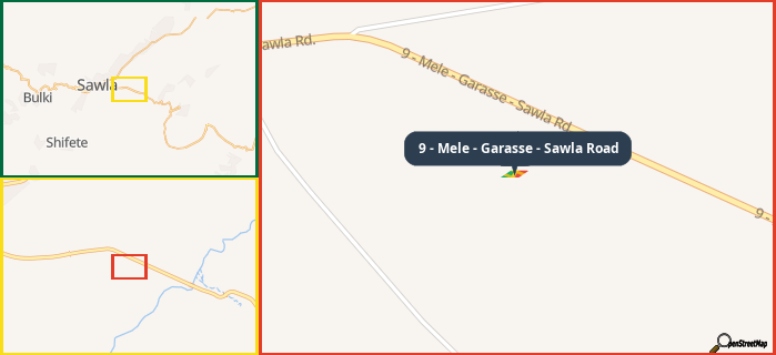 Map showing the address of 9 - Mele - Garasse - Sawla Road in three different zoom levels.