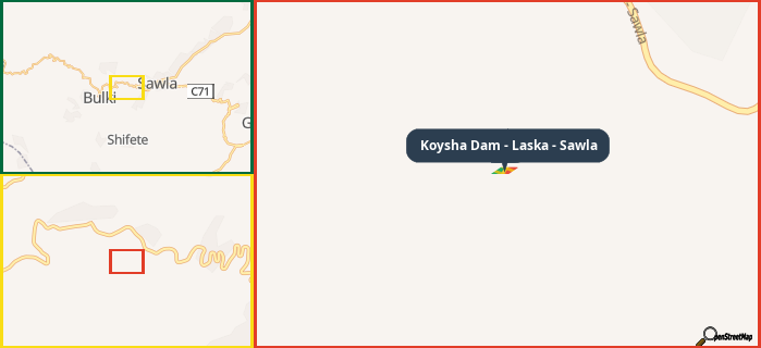 Map showing the address of Koysha Dam - Laska - Sawla in three different zoom levels.