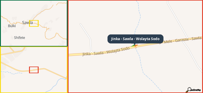 Map showing the address of Jinka - Sawla - Wolayta Sodo in three different zoom levels.