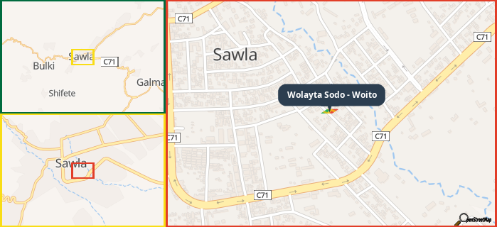 Map showing the address of Wolayta Sodo - Woito in three different zoom levels.