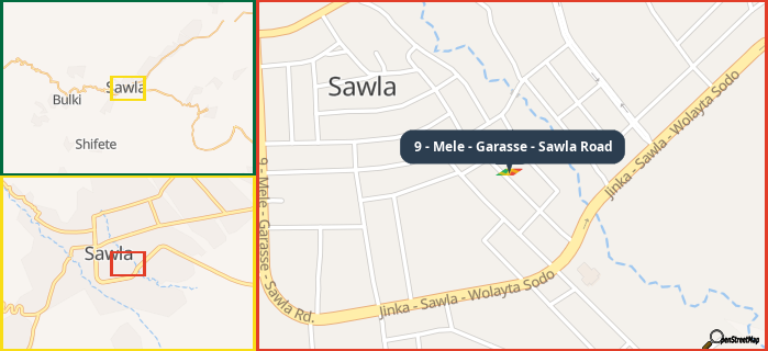 Map showing the address of 9 - Mele - Garasse - Sawla Road in three different zoom levels.