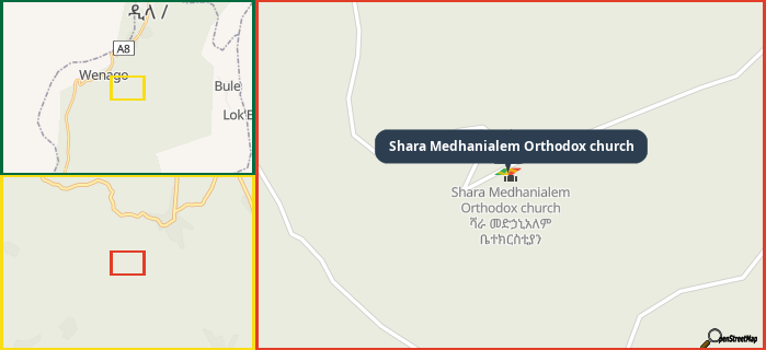 Map showing the address of Shara Medhanialem Orthodox church in three different zoom levels.