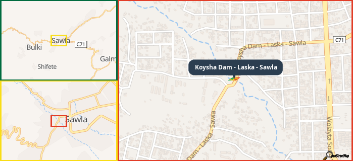 Map showing the address of Koysha Dam - Laska - Sawla in three different zoom levels.