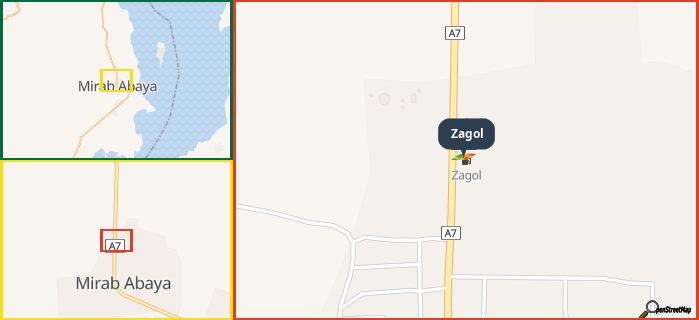 Map showing the address of Zagol in three different zoom levels.
