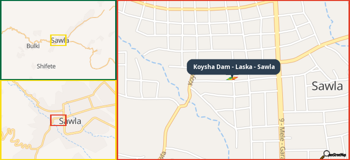 Map showing the address of Koysha Dam - Laska - Sawla in three different zoom levels.