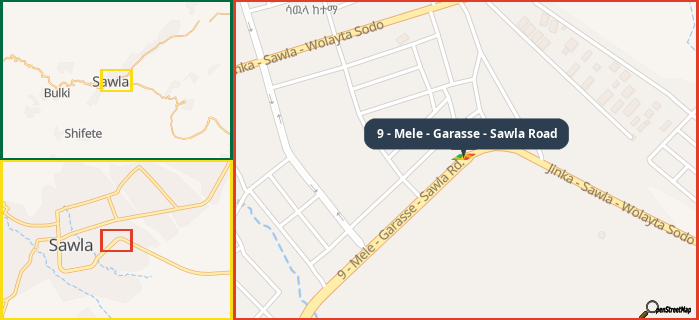 Map showing the address of 9 - Mele - Garasse - Sawla Road in three different zoom levels.