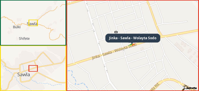 Map showing the address of Jinka - Sawla - Wolayta Sodo in three different zoom levels.