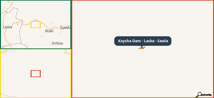 Map showing the address of Koysha Dam - Laska - Sawla in three different zoom levels.