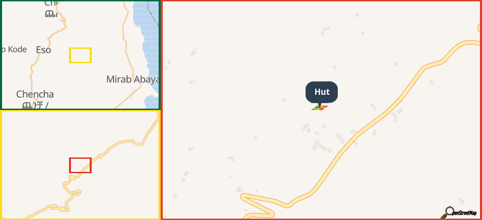 Map showing the address of Hut in three different zoom levels.