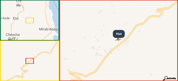 Map showing the address of Hut in three different zoom levels.