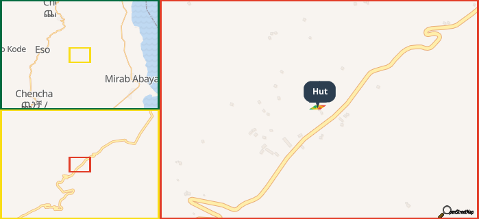 Map showing the address of Hut in three different zoom levels.