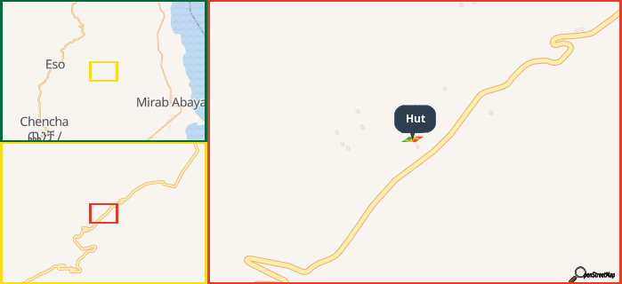 Map showing the address of Hut in three different zoom levels.