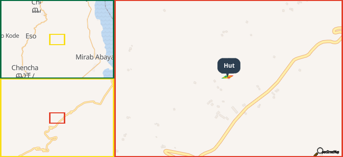 Map showing the address of Hut in three different zoom levels.